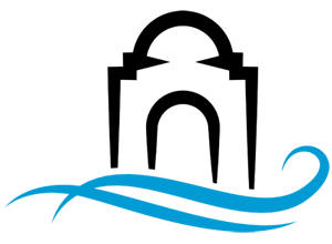 This image displays a stylized blue wave or swoosh design, with two flowing lines curling upwards on the right side, resembling water or wind.