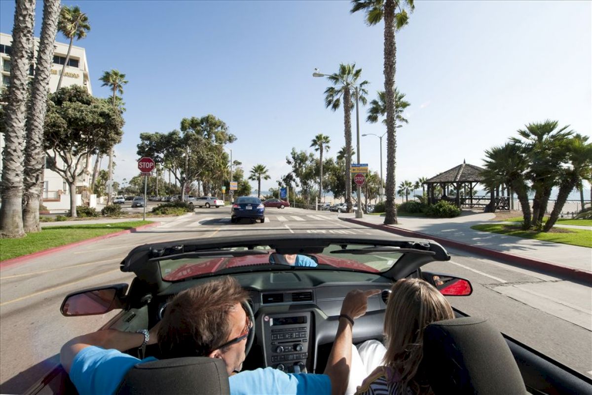 Two people drive a convertible along a palm tree-lined street by the beach on a sunny day.