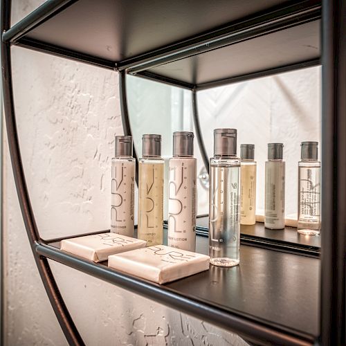 The image shows a shelf with toiletries, including bottles of shampoo, conditioner, body wash, and bars of soap, arranged neatly in a bathroom.