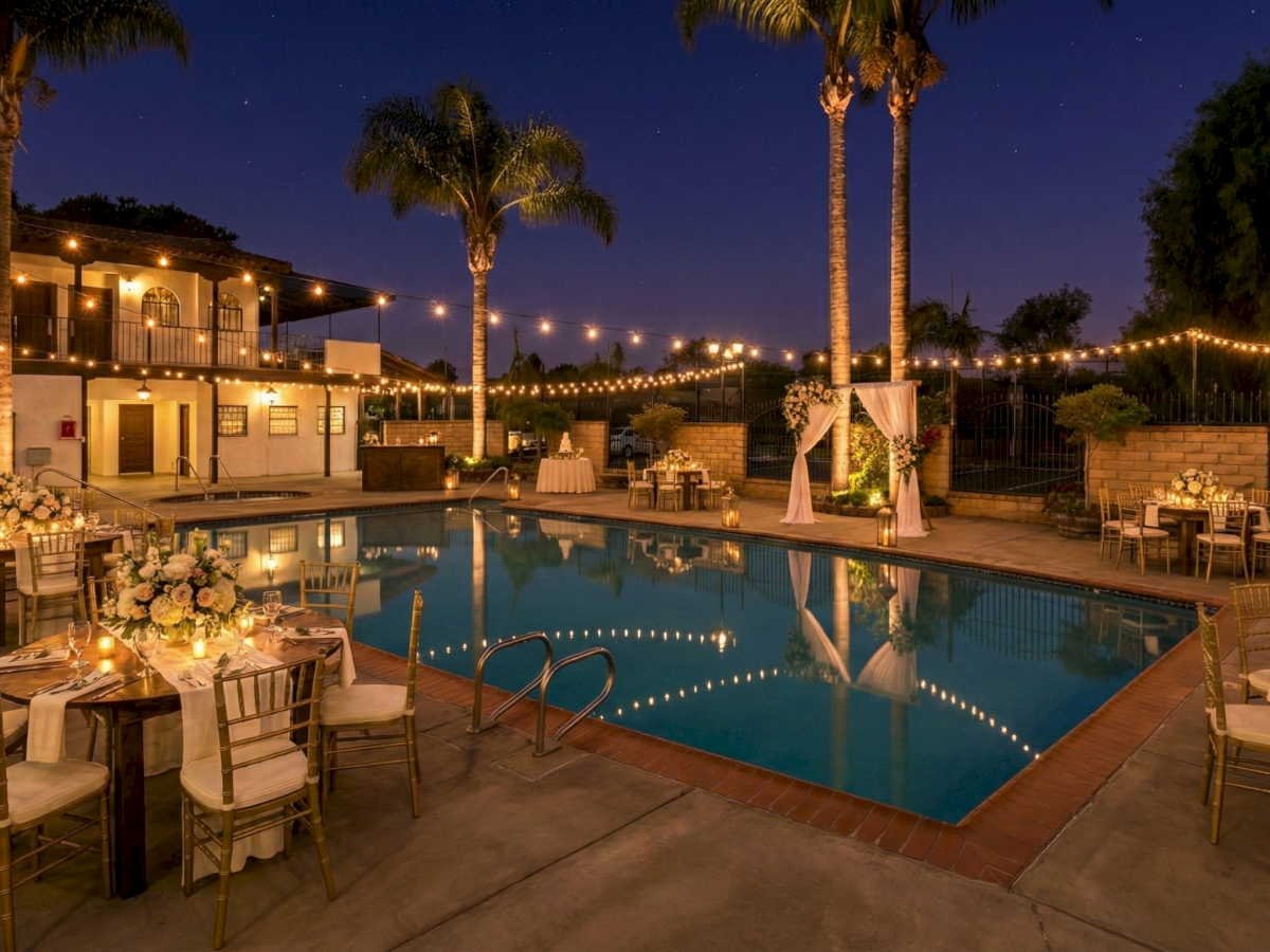 A glamorous poolside wedding reception at dusk with string lights, elegant tables, florals, and gold chairs arranged around a bright rectangular pool.
